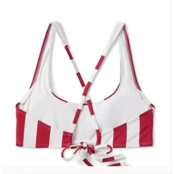SHADE & SHORE BIKINI TOP RED WHITE STRIPED TIE BACK UNDERWIRE WOMEN'S SWIM SUIT - Picture 2 of 4